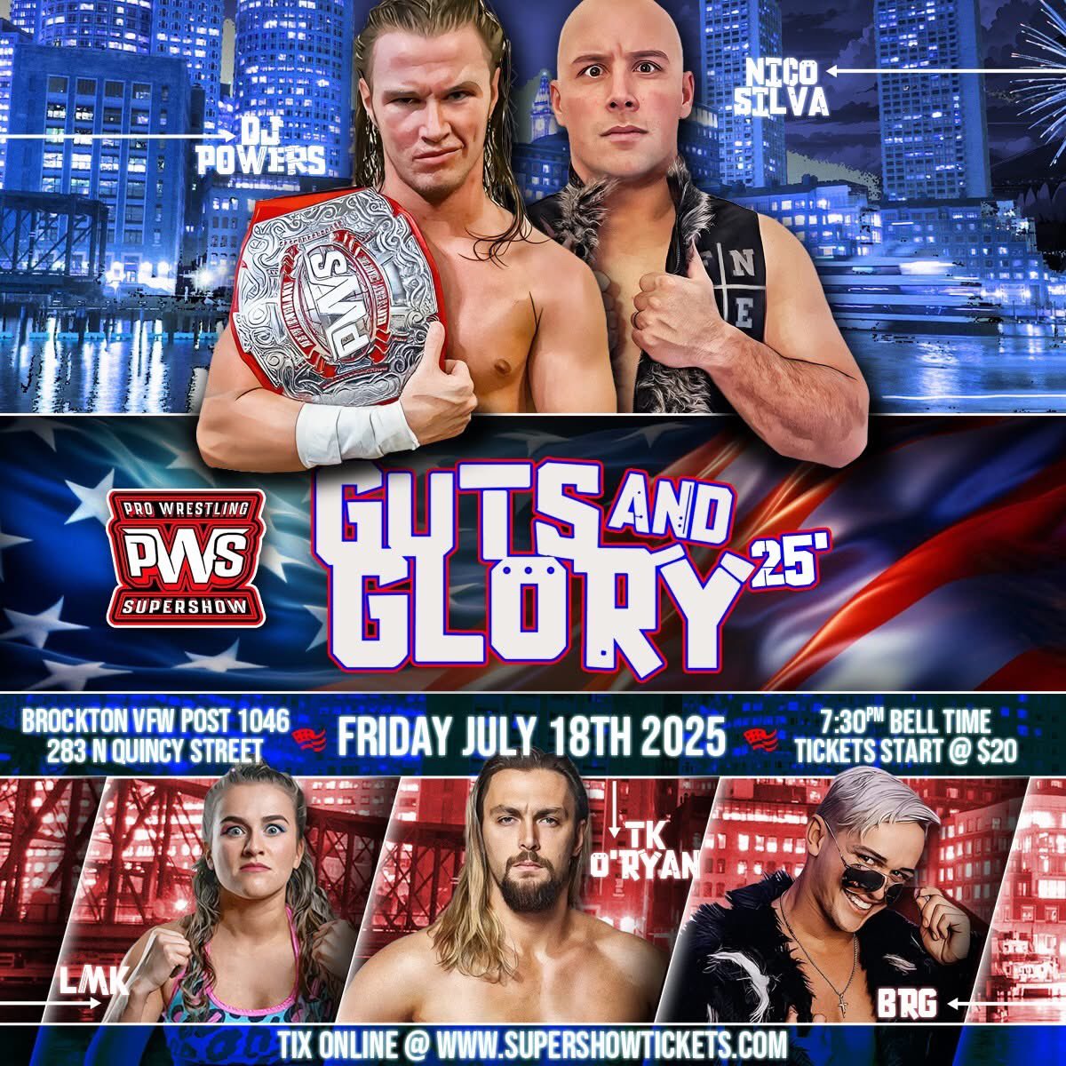 PWSupershow's tweet image. 🎟️ GET READY TO RUMBLE – GUTS & GLORY IS TONIGHT! 💥
📍 Location: Brockton VFW Post 1046
⏰ Doors Open: 6:45pm
🎫 Tickets are flying fast! Hit the link below and secure your seat NOW before they’re gone! Grab them now online @ SupershowTickets.com or at the door!