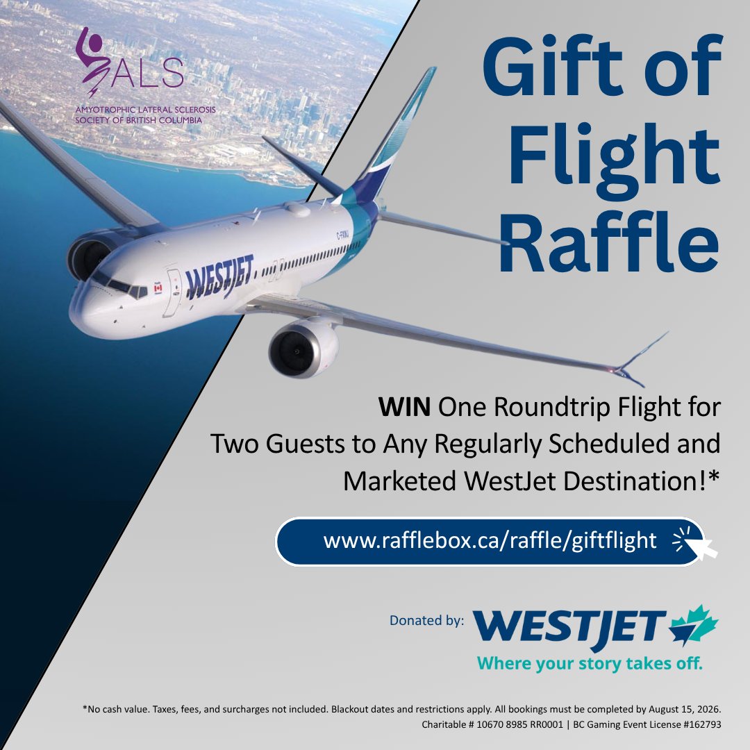 ✈️ WIN One Roundtrip Flight for TWO Guests to Any Regularly Scheduled and Marketed WestJet destination!*

📆 Ticket sales end on August 19th at 11:59pm!

rafflebox.ca/raffle/giftfli… 

*some restrictions apply (visit website for more details)

#ALSBC #Westjet #flight #charity #raffle