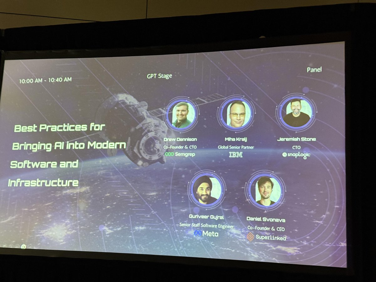 semgrep's tweet image. Last week at GenAI Week Silicon Valley, our CTO and Co-founder @drewdennison joined leaders from @IBM, @SnapLogic, @Meta, and @superlinked for a powerhouse panel on Best Practices for Bringing AI into Modern Software and Infrastructure. 💡🤖
Big thanks to Miha Kralj, Jeremiah…