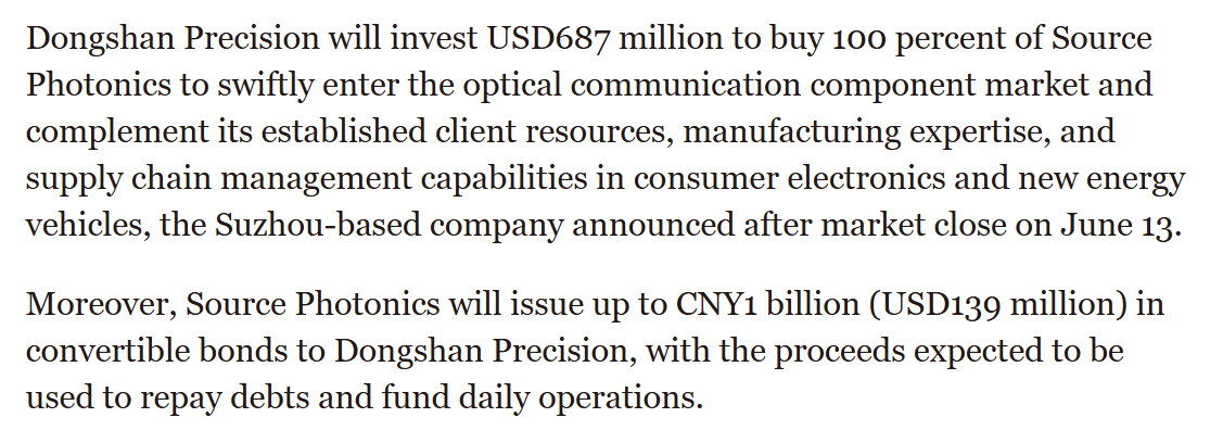 Source Photonics being sold. Was supposed to IPO. Someone help me understand how a company being acquired can issue convertible debt to the acquiring company.