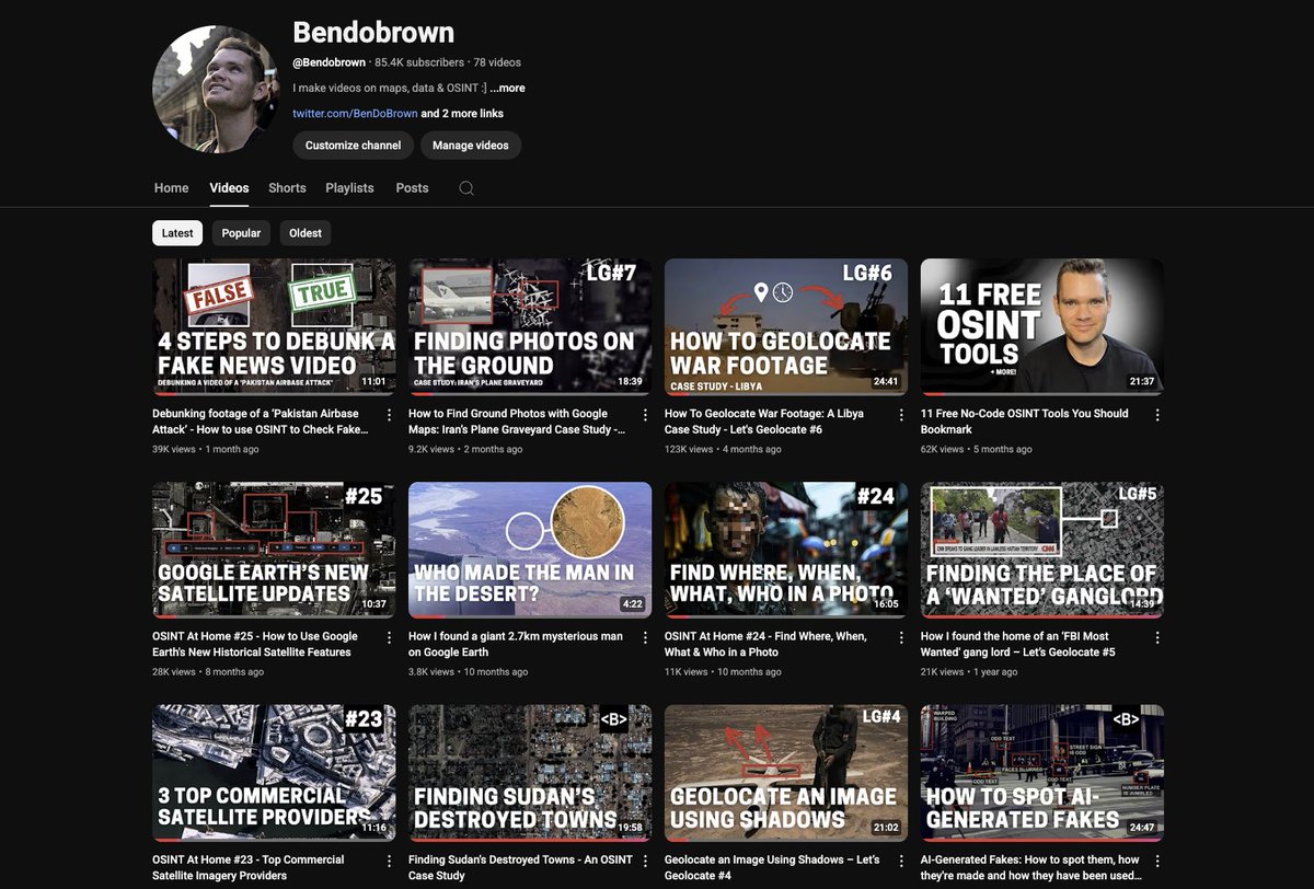 BenDoBrown's tweet image. Hi there. Do you, a friend, colleague, or family dog, want to nail #OSINT basics: geolocation, flight tracking, hidden info, disinfo etc?
I've published 40 videos on YouTube.
Upside: they're free. Downside: my Aussie twang and choice of intro tunes. youtube.com/@Bendobrown/fe…