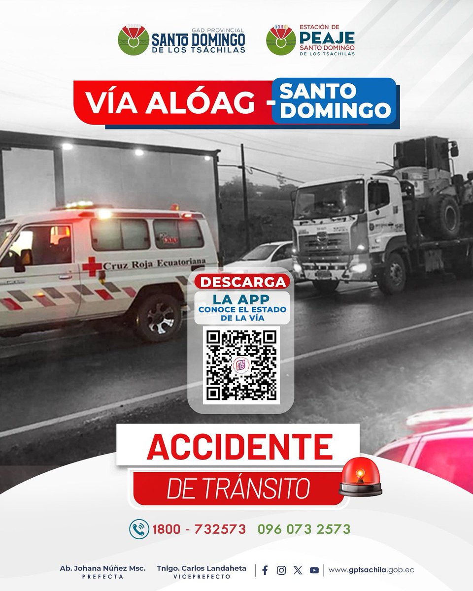 ⚠️ #ReportePeajeSDT | Les informamos que la vía #Alóag - Santo Domingo está cerrada a la altura de Alluriquín, debido a que se registró un accidente de tránsito, que dejó como resultado una persona fallecida. Medicina Legal está en el lugar para realizar las diligencias del caso.