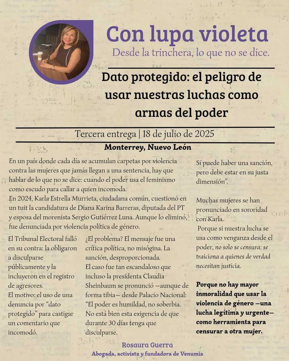 En un país donde miles de mujeres esperan justicia, hoy hablamos de cómo se usa la violencia de género como venganza política. El caso de #DatoProtegido merece una reflexión profunda.
🟣 Lee la nueva entrega de #ConLupaVioleta  
Nuestra solidaridad con  <a href="/KarlaMaEstrella/">Karla Estrella</a>