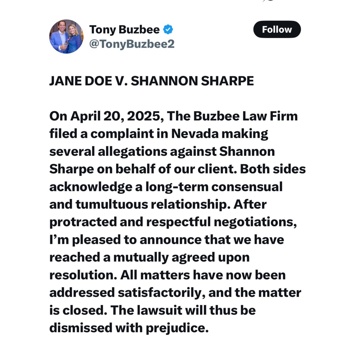 $50 million lawsuit accusing Shannon Sharpe of sexual assault to be dismissed with prejudice.