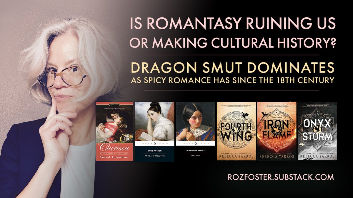 RozFoster's tweet image. Is Romantasy Ruining Us or Making Cultural History? Dragon smut is dominating sales, but spicy romance novels have been huge bestsellers since the 18th century.
In fact, Rebecca Yarros and Sarah J. Maas may be making history!
Here's my latest essay⬇️
rozfoster.substack.com/p/is-romantasy…