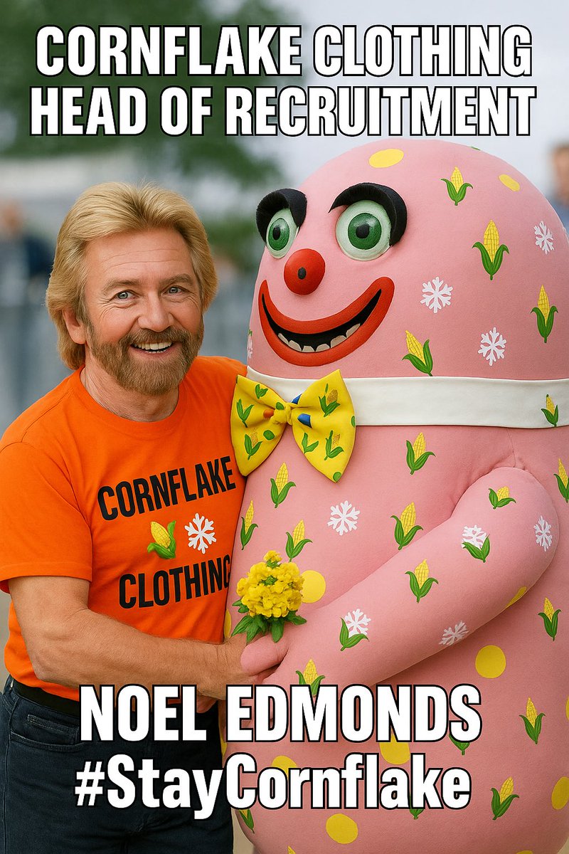 CornflakePLC's tweet image. Rounding off the week with exciting news 😆

Noel Edmonds himself has agreed a deal to become our Head of Recruitment, which is nice of him &amp;amp; all that really, 📑 ✍️ ✅

Enjoy your weekend as in SaturYay &amp;amp; SunYay I must say,

#WelcomeNoel #CornflakeClothing

#StayCornflake 🌽❄️