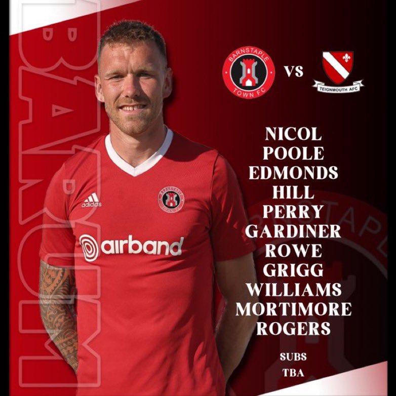 Barnstaple Town Football Club (@official_btfc) on Twitter photo Here’s the starting 11 for tonight’s pre season fixture against <a href="/TeignsFC/">Teignmouth AFC</a>
#BARTEI #UpTheBarum Here’s the starting 11 for tonight’s pre season fixture against <a href="/TeignsFC/">Teignmouth AFC</a>
#BARTEI #UpTheBarum