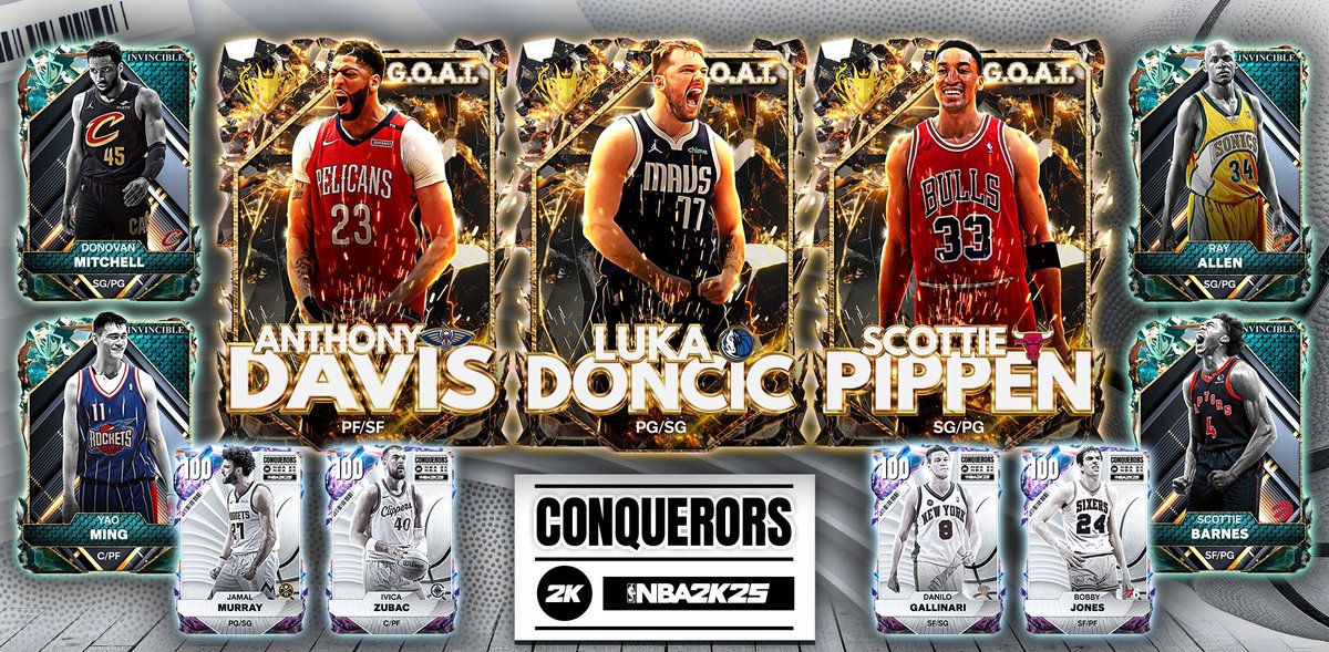 Command the court with Conquerors Packs dropping locker codes bow! 💥

Take down the opposition in strong fashion with these stars:
🐐 G.O.A.T. Luka Doncic
🐐 G.O.A.T. Anthony Davis
🐐 G.O.A.T. Scottie Pippen
Invincible Donovan Mitchell

RT &amp; Tap nbalockercodes.website/conquerors/ to earn.