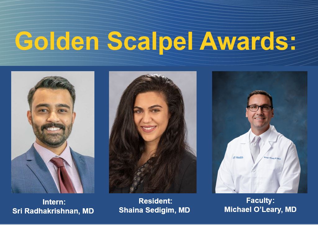 Voted for by our medical students rotating through surgery, the Golden Scalpel Awards are presented to an intern, resident, and faculty teacher who embody our commitment to #surgeryeducation
