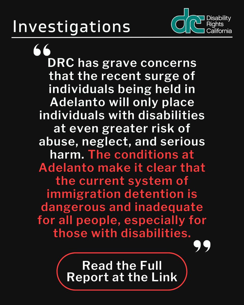 DisabilityCA's tweet image. "They Treat Us Like Dogs in Cages,” the alarming new report from Disability Rights California’s (DRC) Investigations Unit and Mental Health Practice Group details that people with disabilities are being subjected to abuse and neglect at the Adelanto Immigration and Customs…