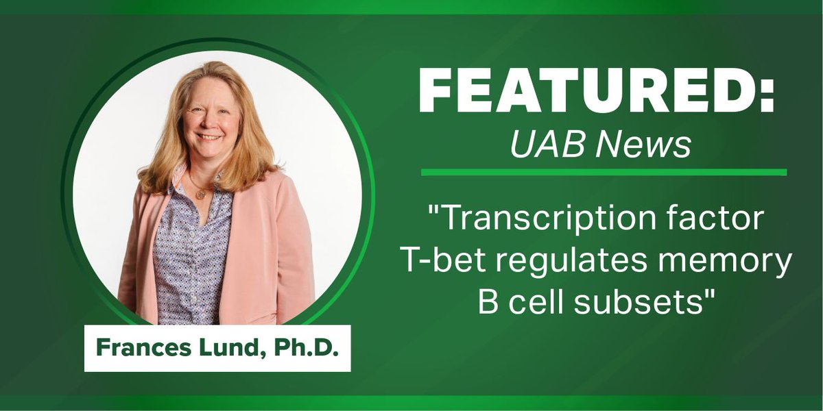 Frances Lund, Ph.D., was featured by <a href="/UABNews/">UAB</a> for her study “Transcription factor T-bet regulates the maintenance and differentiation potential of lymph node and lung effector memory B cell subsets,” published by <a href="/ImmunityCP/">Immunity</a> 
Learn more: buff.ly/oT2gGOh 
<a href="/UABHeersink/">UAB Heersink School of Medicine</a>