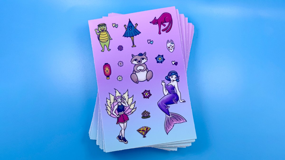 New sticker sheet release for SDCC! This all new sticker sheet is vinyl, waterproof, UV-resistant, compatible with my exclusive water bottle, and is available for $10. Fun fact: This is where Shibui was initially created! I had to stop in the middle of drawing to go sculpt him.