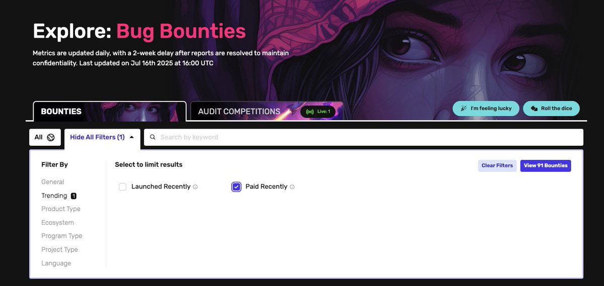 By popular SR demand, we've created a new 'Paid Recently' bug bounty program filter. 

You can now view just the programs that have recently paid out in size. Happy hunting.