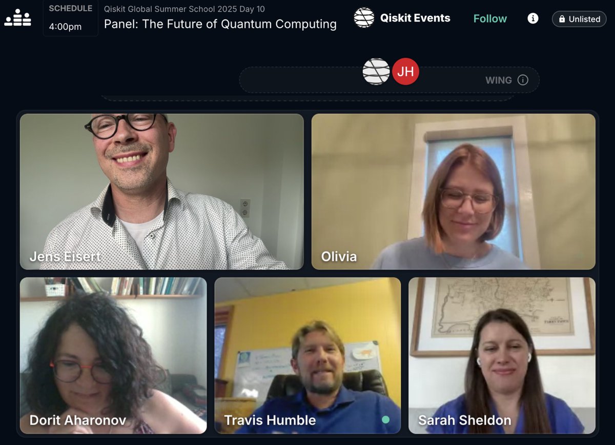 jenseisert's tweet image. It has been a great pleasure and lots of fun to discuss with @DoritAharonov, @travishumble, and Sarah Sheldon the future of #quantumcomputing, hosted by the wonderful @Liv_Lanes, as part of the @qiskit @IBMResearch summer school on quantum computing. Thanks for the time and the…