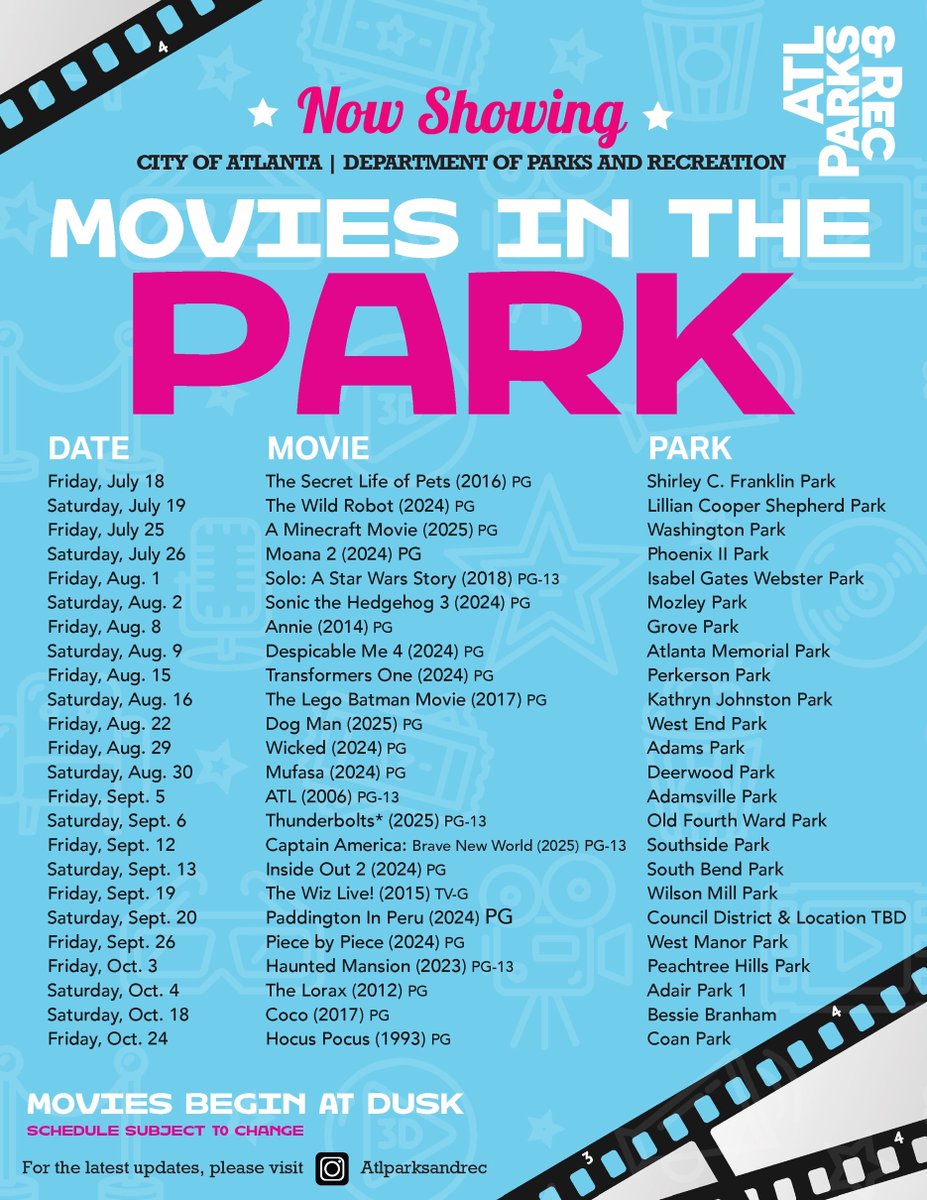 ATLParksandRec's tweet image. Here's the full schedule for Movies in the Park!
Join us for free movie nights from July through October at parks all across Atlanta!
📍Family favorites, new releases & community classics
🎥 Movies begin at dusk
*Schedule subject to change*
#MoviesInTheParkATL