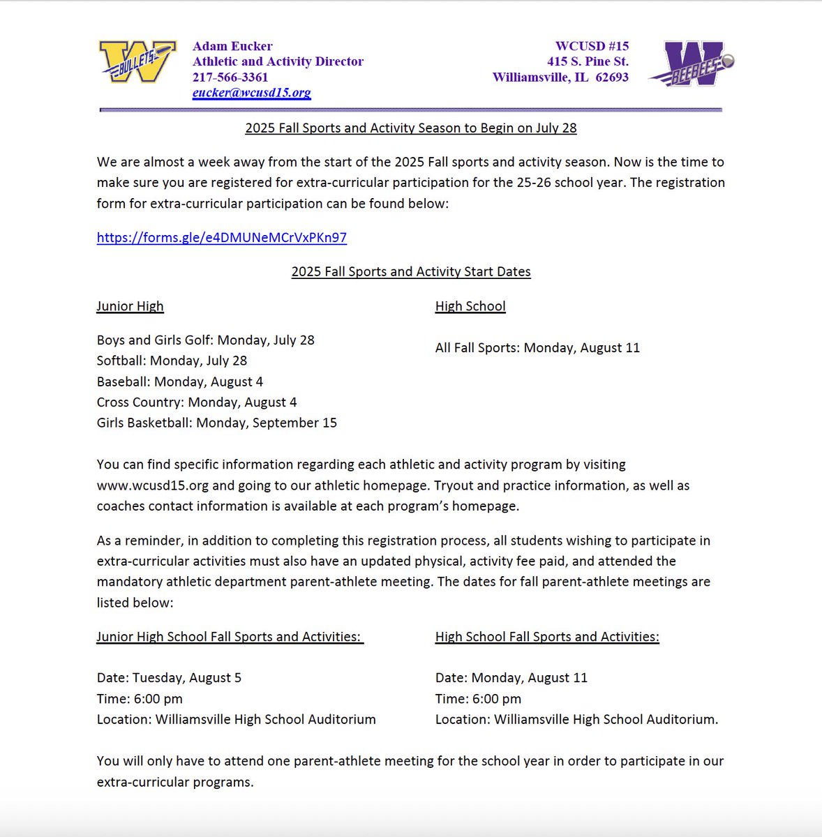 2025 Fall Sports and Activity Season to Begin on July 28

Now is the time to make sure you are registered for extra-curricular participation for the 25-26 school year. The registration form for extra-curricular participation can be found below:

forms.gle/e4DMUNeMCrVxPK…