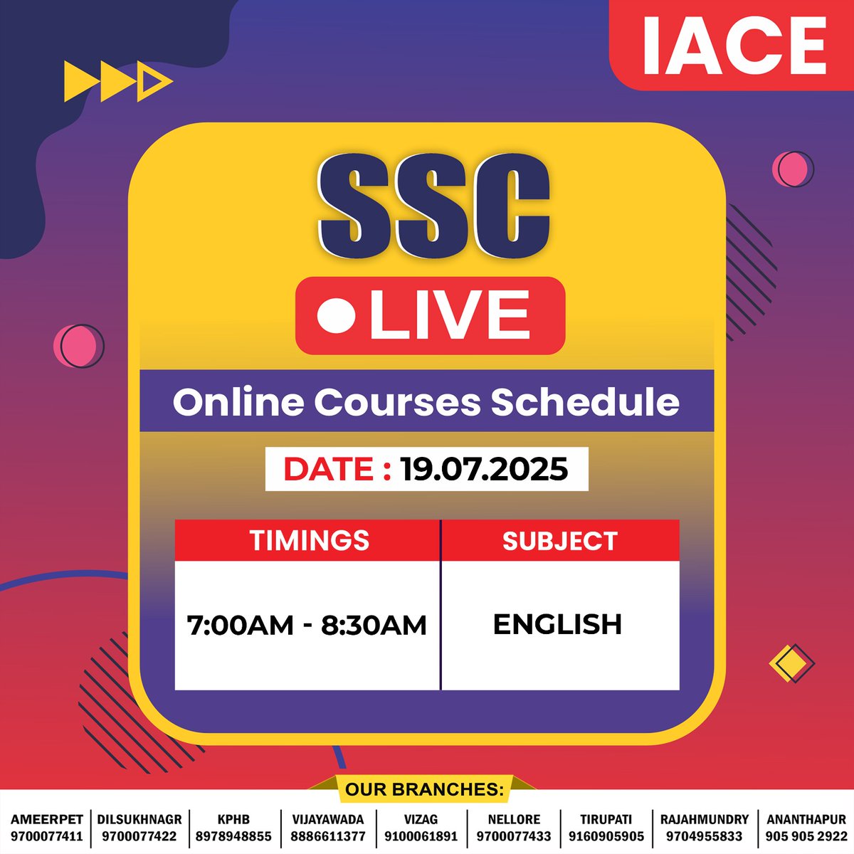 Hyd_IACE's tweet image. 🚨 SSC LIVE Class Alert – 19.07.2025

📚 Subject: English
🕖 Time: 7:00AM – 8:30AM

Kickstart your day with concept clarity and expert guidance from IACE’s top faculty.

Stay consistent. Stay confident. Crack SSC with IACE!

#SSCLiveClass #IACE #ThinkGovtJobThinkIACE
#SSC