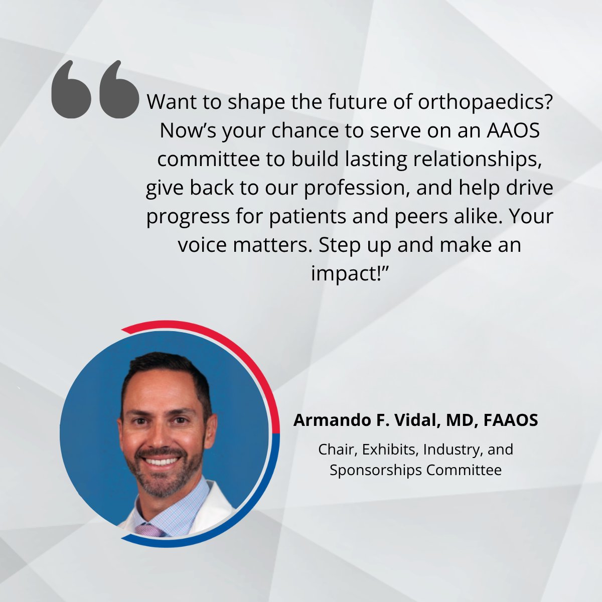 AAOS1's tweet image. Are you ready to make a meaningful impact in orthopaedics?
Hear from volunteer leaders @ArmandoVidalMD & @DrBruggeman about the value of service!
You can apply to serve on an AAOS Council or Committee now through Aug 1: aaos.org/cap