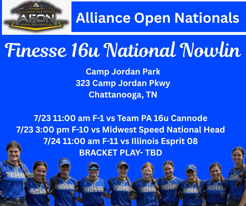 FinesseNowlin08's tweet image. Last tournament of the summer and this talented team is headed South!
Can’t wait to see them finish off strong 💙🖤💙🖤 @FinesseOrg @AllianceOpenNat