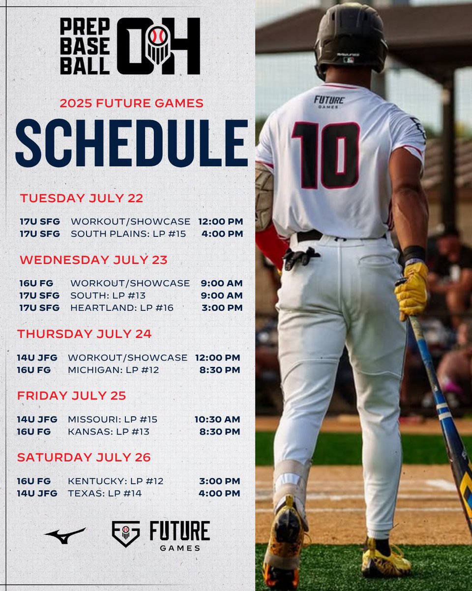 PrepBaseballOH's tweet image. 𝗧𝗲𝗮𝗺 𝗢𝗵𝗶𝗼 𝗙𝘂𝘁𝘂𝗿𝗲 𝗚𝗮𝗺𝗲𝘀 𝗦𝗰𝗵𝗲𝗱𝘂𝗹𝗲
👀 Here is a look at the schedule for Team Ohio at the Future Games and Junior Future Games, as well as Team Great Lakes at the Senior Future Games.
JFG will have bracket play through Sunday.
#PBFG25 #PBSFG25 #PBJFG25…