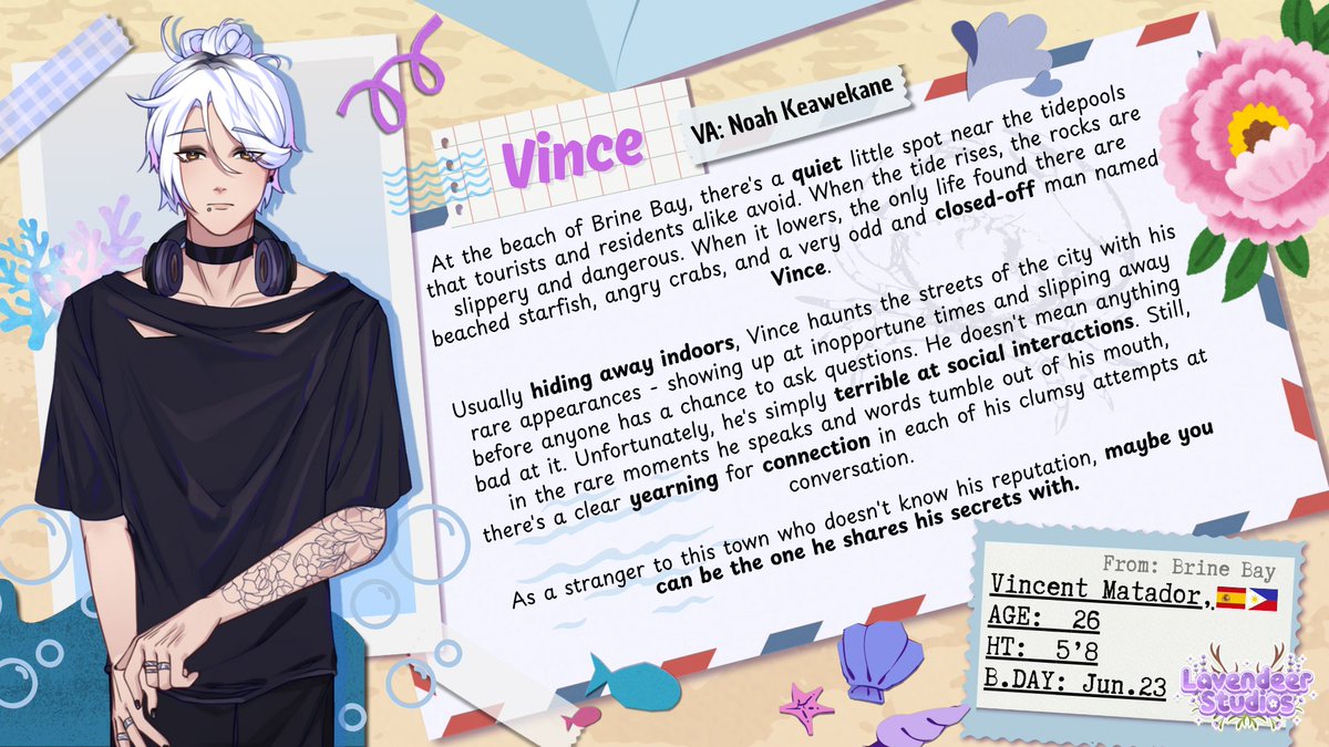 LavendeerStudio's tweet image. 🎸Character Introduction 🪼
Meet Vince, Brine Bay’s most elusive resident. No one really visits the tidepools near the edge of town — but that’s where he always seems to end up.
#visualnovel #ToYBTB #vndev