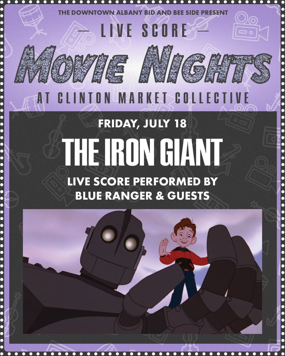 🎥 TONIGHT! ✨

Meet us at Clinton Market Collective for our second FREE Live Score Movie Night of the season, featuring "The Iron Giant" (1999) and music by Blue Ranger &amp; guests with visual art by projectionist Derick Noetzel.  

Learn more: downtownalbany.org/live-score-mov…