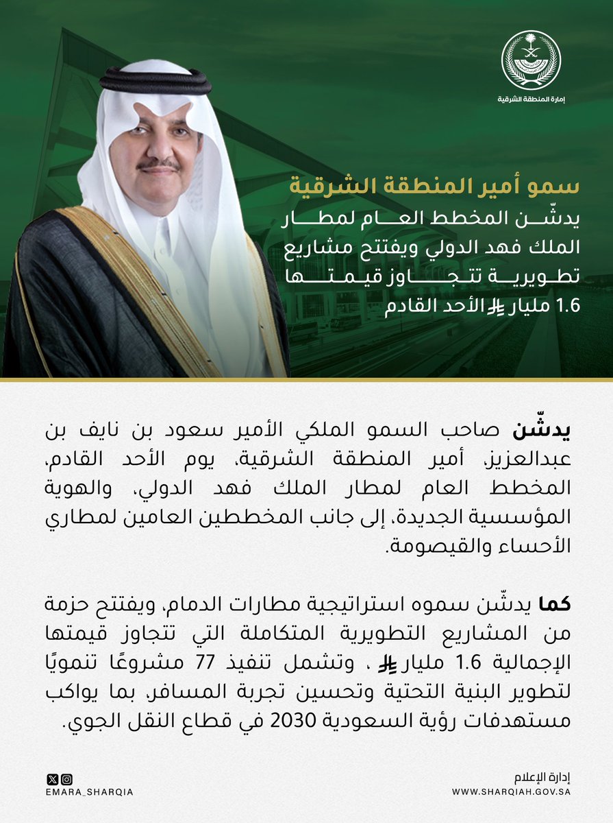 يدشّن صاحب السمو الملكي الأمير 
⁧#سعود_بن_نايف_بن_عبدالعزيز⁩ 
⁧#أمير_المنطقة_الشرقية⁩
يوم الأحد القادم، المخطط العام لمطار الملك فهد الدولي، والهوية المؤسسية الجديدة، إلى جانب المخططين العامين لمطاري الأحساء والقيصومة، كما يفتتح سموه حزمة من المشاريع التطويرية المتكاملة التي