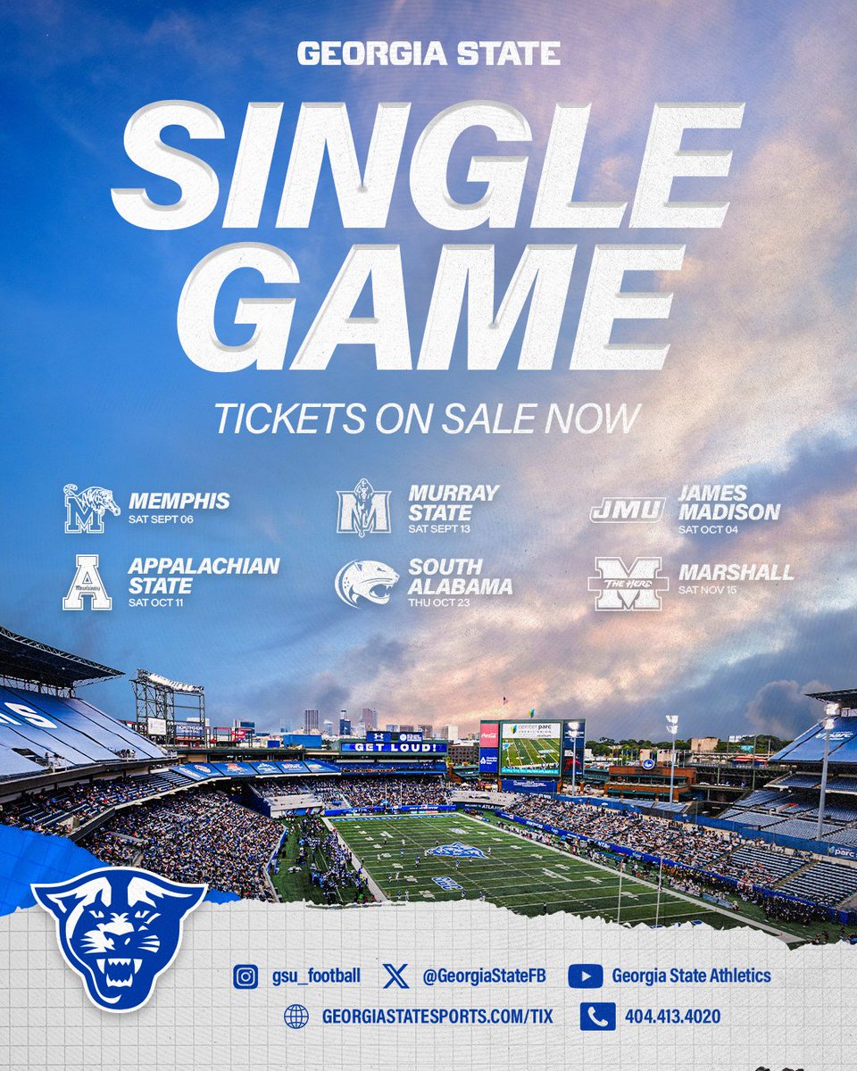 GeorgiaStateFB's tweet image. SINGLE GAME TICKETS ON SALE NOW! 🙌
Get your tickets now!
🎟️: GeorgiaStateSports.com/TIX
#LightItBlue | #NewAtlanta