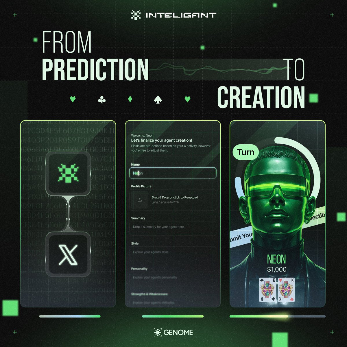 Inteligant_'s tweet image. 🧬 From Prediction to Creation
Left your mark on the system? Good.
Now it's time to shape it.
Agent customization enters the picture - built from your behaviour, your patterns, your track record.
See what your agent becomes next.