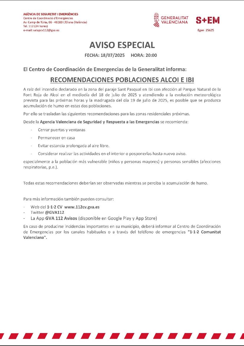 <a href="/GVAbforestals/">Servei Bomber(e)s Forestals GVA</a> <a href="/BomberosDipuALC/">Consorcio Provincial Bomberos Alicante</a> <a href="/mitecogob/">Transición Ecológica y Reto Demográfico</a> <a href="/generalitat/">Generalitat</a> <a href="/UMEgob/">UME</a> (20:30 h) Actualización #IFIbi:

⚠️El Centro de Coordinación de Emergencias envía un aviso especial a los pueblos de la comarca de l'Alcoià  advirtiendo de la posibilidad de acumulación de humo entre las poblaciones de Ibi y Alcoi durante la noche.