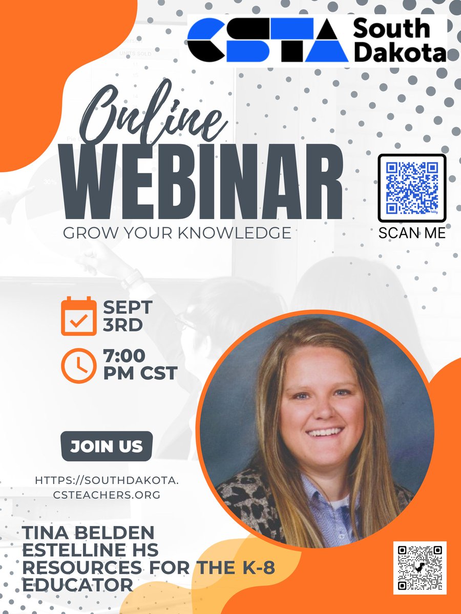 CSTASouthDakota's tweet image. Join CSTA South Dakota's free webinar on Sept 3rd at 7:00 PM CST! 📚 Tina Belden from Estelline HS will present on K–8 educator resources. Discover practical tools! Register at: southdakota.csteachers.org/events #CSTASD #TeachCS #CSforAll #CSK8 #PDforTeachers