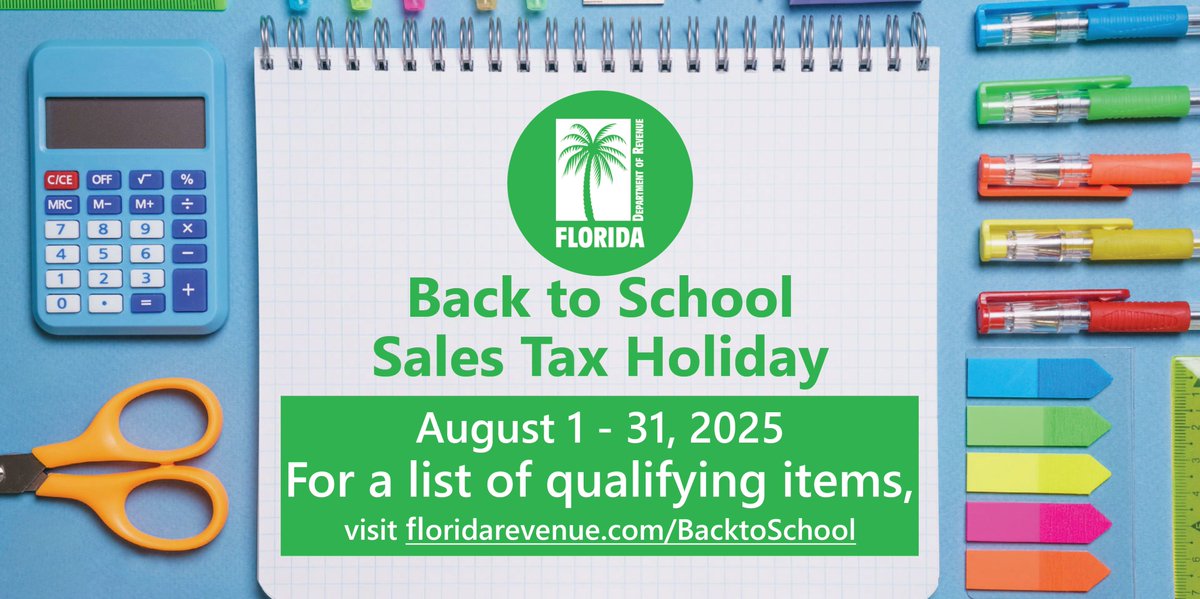 Coming soon! The now annual Back to School Sales Tax Holiday begins in two weeks. From Aug. 1 through Aug. 31, consumers can purchase qualifying clothing, footwear, school supplies, learning aids, and personal computers and accessories tax-free.  Details: floridarevenue.com/BacktoSchool