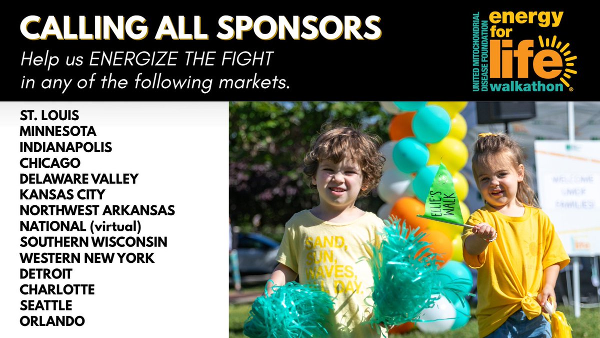 UMDF's tweet image. Calling all potential SPONSORS to help us #ENERGIZETHEFIGHT for our community with #mitochondrialdisease! Support #EnergyforLife with a sponsorship. Join us! Email events@umdf.org