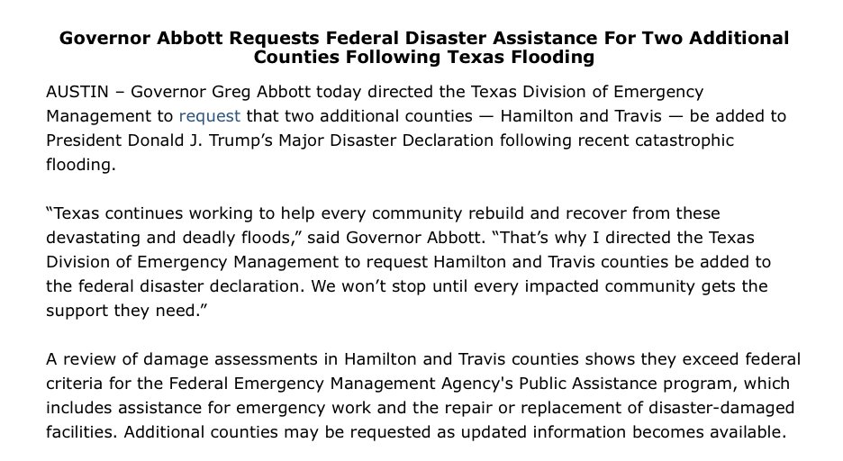 GovAbbottPress's tweet image. Today, Governor @GregAbbott_TX requested Hamilton and Travis counties be added to President Trump’s Major Disaster Declaration following recent flooding.
Texas continues working to ensure every impacted community has what they need to recover.
More: bit.ly/44U6o2l