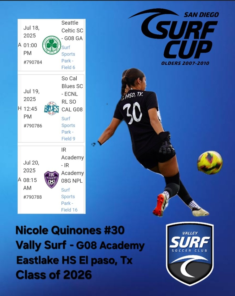 In San Diego this weekend for Surf Cup! Proud to be playing with Valley Surf excited for the competition and ready to leave it all on the field! ⚽🌊🔥 <a href="/ValleySurfUPSL/">Valley Surf UPSL</a> <a href="/ElPasoSurfSC/">El Paso Surf Soccer Club</a> <a href="/EHSoccerENGLAND/">EHSFalconSoccerFTF</a>