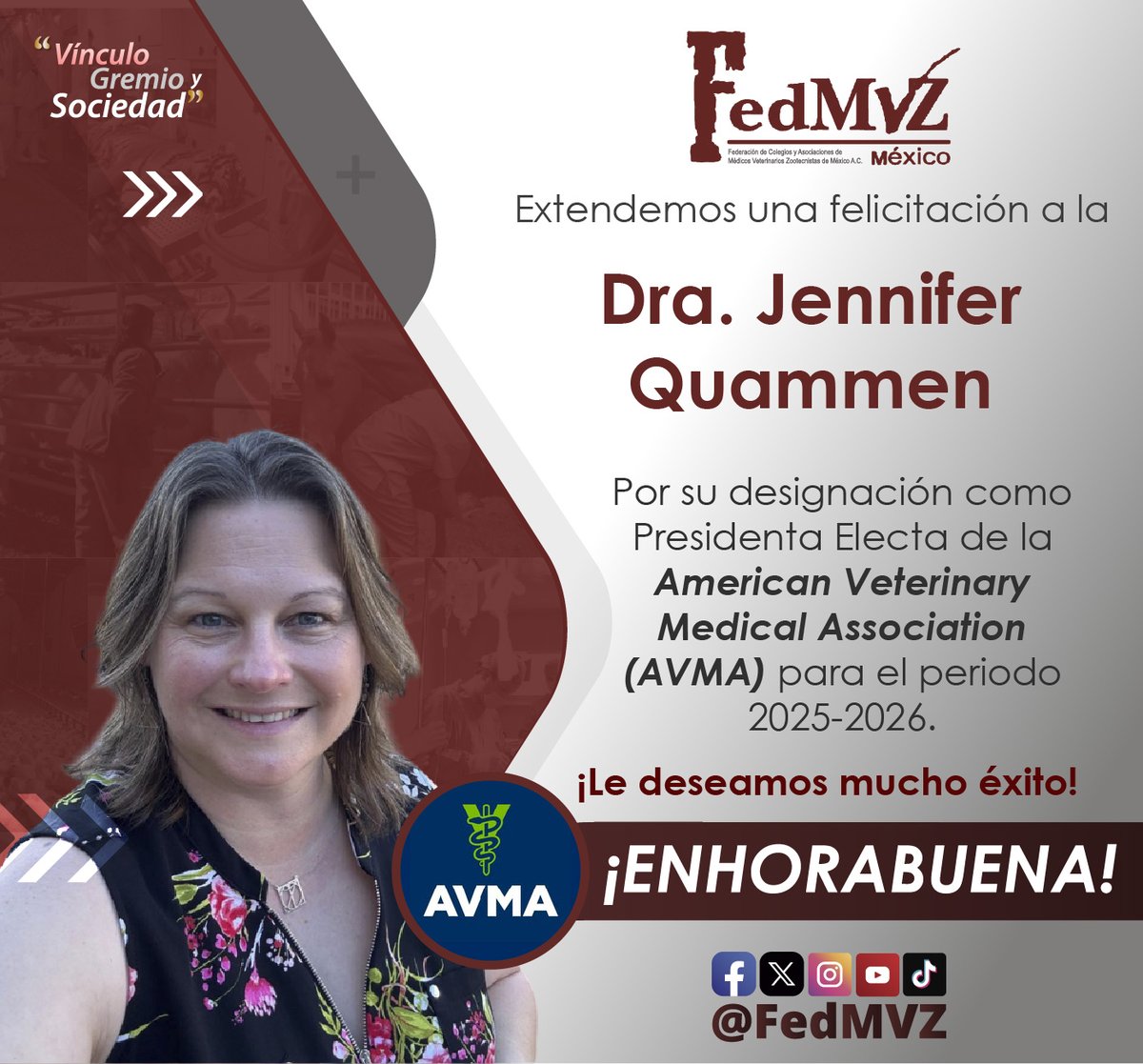 FedMVZ | Federación de Médicos Veterinarios 🇲🇽 (@fedmvz) on Twitter photo El gremio organizado de Médicas y Médicos Veterinarios Zootecnistas, felicita a la Dra. Jennifer Quammen, por su designación como Presidenta Electa de la American Veterinary Medical Association <a href="/AVMAvets/">AVMA (American Veterinary Medical Association)</a> para el periodo 2025-2026.
Le deseamos mucho éxito en esta nueva etapa y El gremio organizado de Médicas y Médicos Veterinarios Zootecnistas, felicita a la Dra. Jennifer Quammen, por su designación como Presidenta Electa de la American Veterinary Medical Association <a href="/AVMAvets/">AVMA (American Veterinary Medical Association)</a> para el periodo 2025-2026.
Le deseamos mucho éxito en esta nueva etapa y