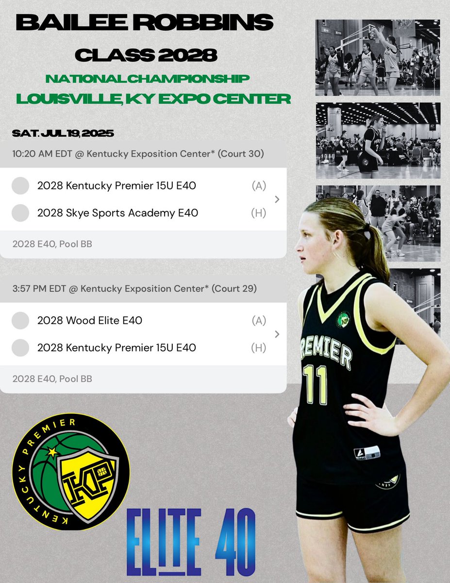 Bailee Robbins (@baileerobbins11) on Twitter photo Check out my teammates and I at the National Championship in Louisville, KY 🏀
<a href="/CoachMarcHarris/">Coach Harris</a> <a href="/taylordrury14/">Taylor Drury</a> <a href="/KentuckyPremier/">Kentucky Premier EYBL</a> <a href="/M14HoopsLou/">M14 Hoops Louisville</a> <a href="/JasonLitz/">Jason Litz</a> Check out my teammates and I at the National Championship in Louisville, KY 🏀
<a href="/CoachMarcHarris/">Coach Harris</a> <a href="/taylordrury14/">Taylor Drury</a> <a href="/KentuckyPremier/">Kentucky Premier EYBL</a> <a href="/M14HoopsLou/">M14 Hoops Louisville</a> <a href="/JasonLitz/">Jason Litz</a>