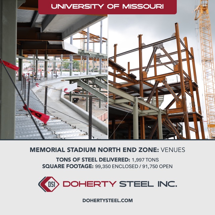 DohertySteel's tweet image. MU Memorial Stadium North End Zone is taking shape. Many new improvements for the fan experience, you can see how transformational the structure will unite the east and west sides of the stadium. We are proud to be working with our partners and the University of Missouri.