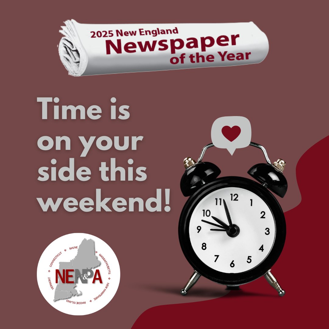 NENPA's tweet image. July 18 eBulletin: The final deadline to enter the New England Newspaper Awards Program is today, but don’t worry. You can still upload your materials and complete your submissions over the weekend. Contact us if you have any questions. Read more at conta.cc/44Eo57g.