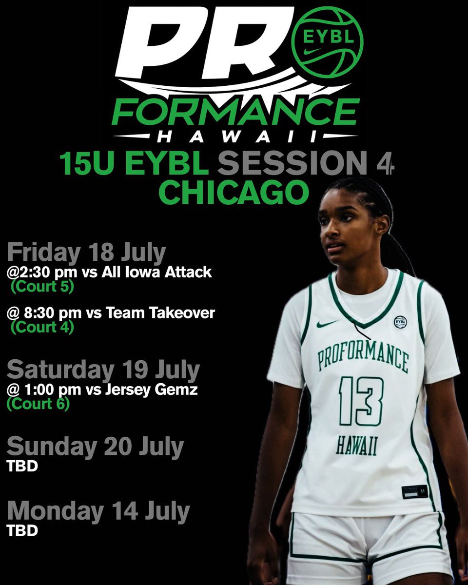 Charlotte Galloway | 6'4" F/C | C/o 2029
Proformance Hawaii 15U EYBL

Nike Nationals - Session 4 in Chicago!

Friday, July 18
2:30 PM vs All lowa Attack (Court 5)
8:30 PM vs Team Takeover (Court 4)

Saturday, July 19
1:00 PM vs Jersey Gemz (Court 6)

17 Sunday &amp; Monday - TBD