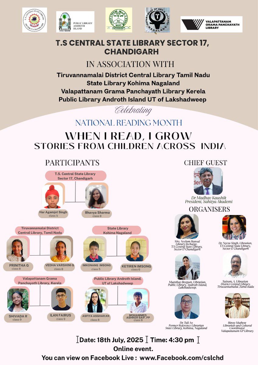 neeza_singh's tweet image. Organising a Unique Reading Month Event
This unique online event organised by 5 public libraries from India including Chandigarh, Kerala, Tamil Nadu, Lakshadweep and Nagaland on closing day of reading month, 18th July at 4:30 pm #ReadingMonth