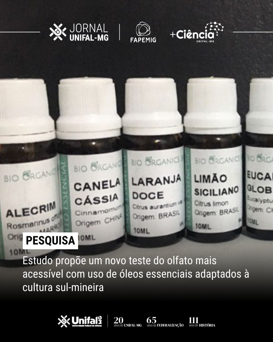 Pesquisa  desenvolvida no Programa de Pós-Graduação em Nutrição e Longevidade da  UNIFAL-MG propõe um novo teste olfatório com óleos essenciais comuns à  população do Sul de Minas.  🌿📊

Leia a matéria na íntegra: unif.al/k9w03