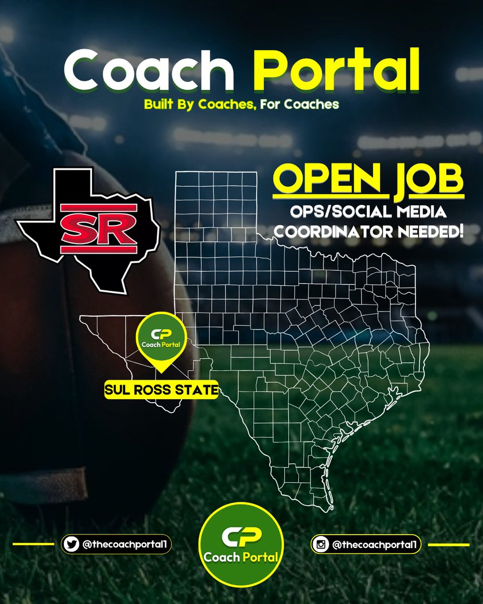 🔴🏈Sul Ross State Univ. (TX - D2) is looking for a FB Ops/Social Media Coordinator. It is a restricted earnings position. Coach or assist with a positon group, handle video, film breakdown, &amp; scouting reports. Experience with Photoshop, Canva, Visio, Hudl, Arms, &amp; Microsoft are