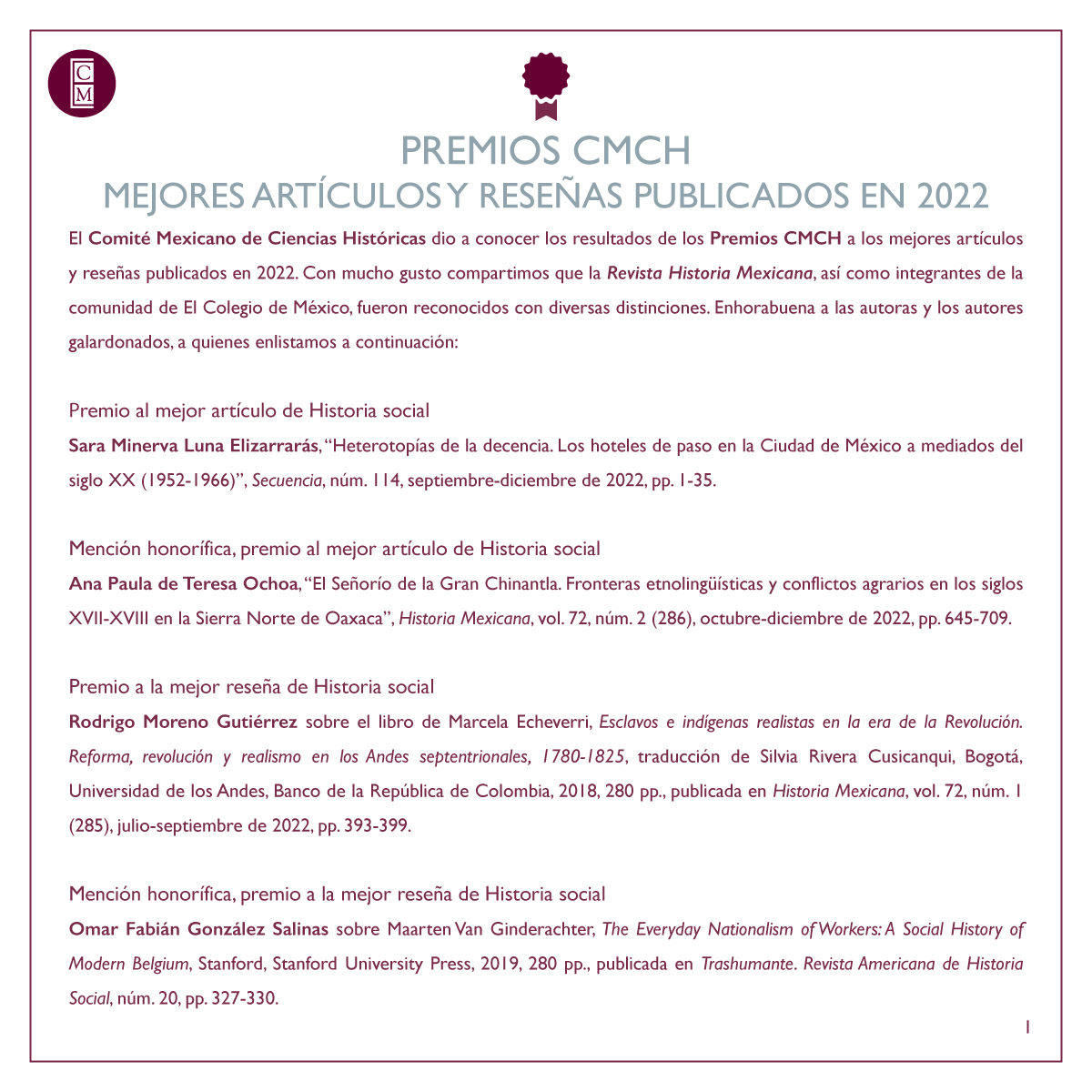 elcolmex's tweet image. El @cmch_historicas dio a conocer los resultados de los Premios CMCH a los mejores artículos y reseñas publicados en 2022. Con mucho gusto compartimos que la revista @RHisto_Mex, así como integrantes de la comunidad de El Colegio de México, fueron reconocidos con diversas…