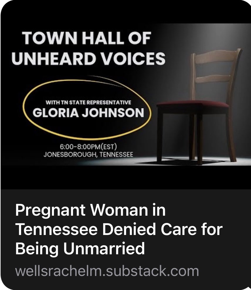 Rep. Gloria Johnson (@votegloriaj) on Twitter photo โLast night at a town hall in Jonesborough, TN, a woman shared her story: she was denied prenatal care by her OB-GYN because the doctor objected to the fact that she isnโt married. Sheโs been with her partner for 15 years and has a 13-year-old son.โ
wellsrachelm.substack.com/p/pregnant-womโฆ โLast night at a town hall in Jonesborough, TN, a woman shared her story: she was denied prenatal care by her OB-GYN because the doctor objected to the fact that she isnโt married. Sheโs been with her partner for 15 years and has a 13-year-old son.โ
wellsrachelm.substack.com/p/pregnant-womโฆ