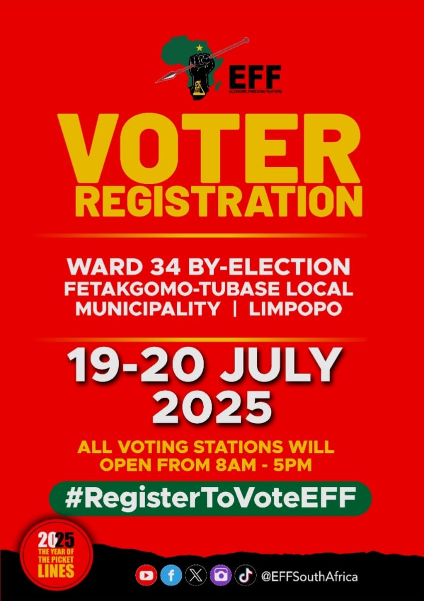 EFF_Limpopo's tweet image. ♦️Registration Weekend Alert♦️
The EFF Fetakgomo Tubatse ward 34 calls upon all community members who are not registered to vote, to go and register to vote and check their voter registration status.
#RegistertoVoteEFF