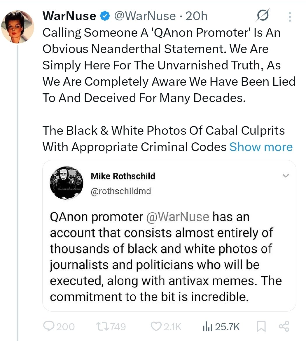 rothschildmd's tweet image. Every so often, the execution-happy QAnon promoter "WarNuse" digs up this old tweet where I commented on their gimmick, and blasts it out to their psycho followers, despite having also blocked me.
And yes, They Always Type Everything Like That.