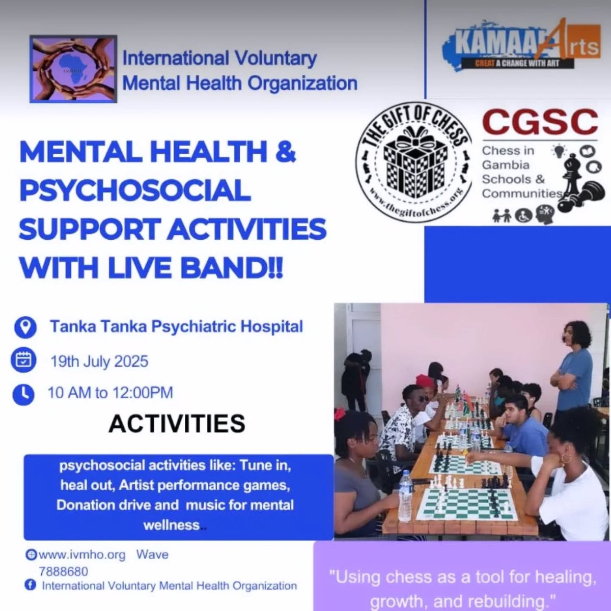 Chess in Gambia Schools and Communities (@christinaaziz20) on Twitter photo This Saturday, July 19th, our organization, Chess in Gambia Schools & Communities, with the support of The Gift of Chess, will join the International Voluntary Mental Health Organization (<a href="/ivmho_gambia/">International Voluntary Mental health Organisation</a>) at Tanka Tanka Psychiatric Hospital for a powerful morning of mental health This Saturday, July 19th, our organization, Chess in Gambia Schools & Communities, with the support of The Gift of Chess, will join the International Voluntary Mental Health Organization (<a href="/ivmho_gambia/">International Voluntary Mental health Organisation</a>) at Tanka Tanka Psychiatric Hospital for a powerful morning of mental health