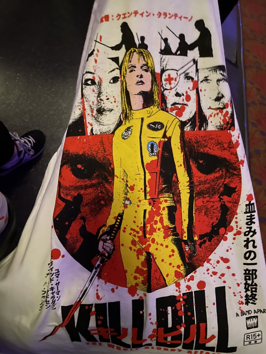 Lulamaybelle's tweet image. Today’s screening is a monumental one: Quentin Tarantino’s KILL BILL: THE WHOLE BLOODY AFFAIR at the @vistahollywood on 35mm. This will be my second time seeing the assembled Cannes Cut. I picked up a tee shirt to mark the occasion.