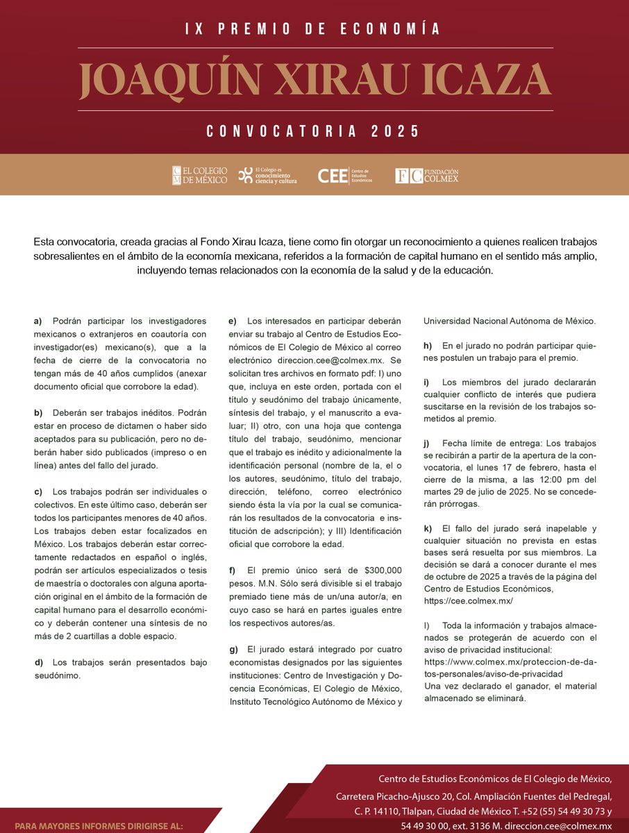 CEEColmex's tweet image. CONVOCATORIA ABIERTA | PREMIO XIRAU 2025
¡Aún tienes tiempo d participar por un premio d $300,00 mxn!🏆💵
🗣️La convocatoria del IX Premio en Economía Joaquín Xirau Icaza 2025 cerrará pronto, consulta la convocatoria en premioxiraueconomia.colmex.mx
⚠️Fecha límite: 29 de julio de 2025